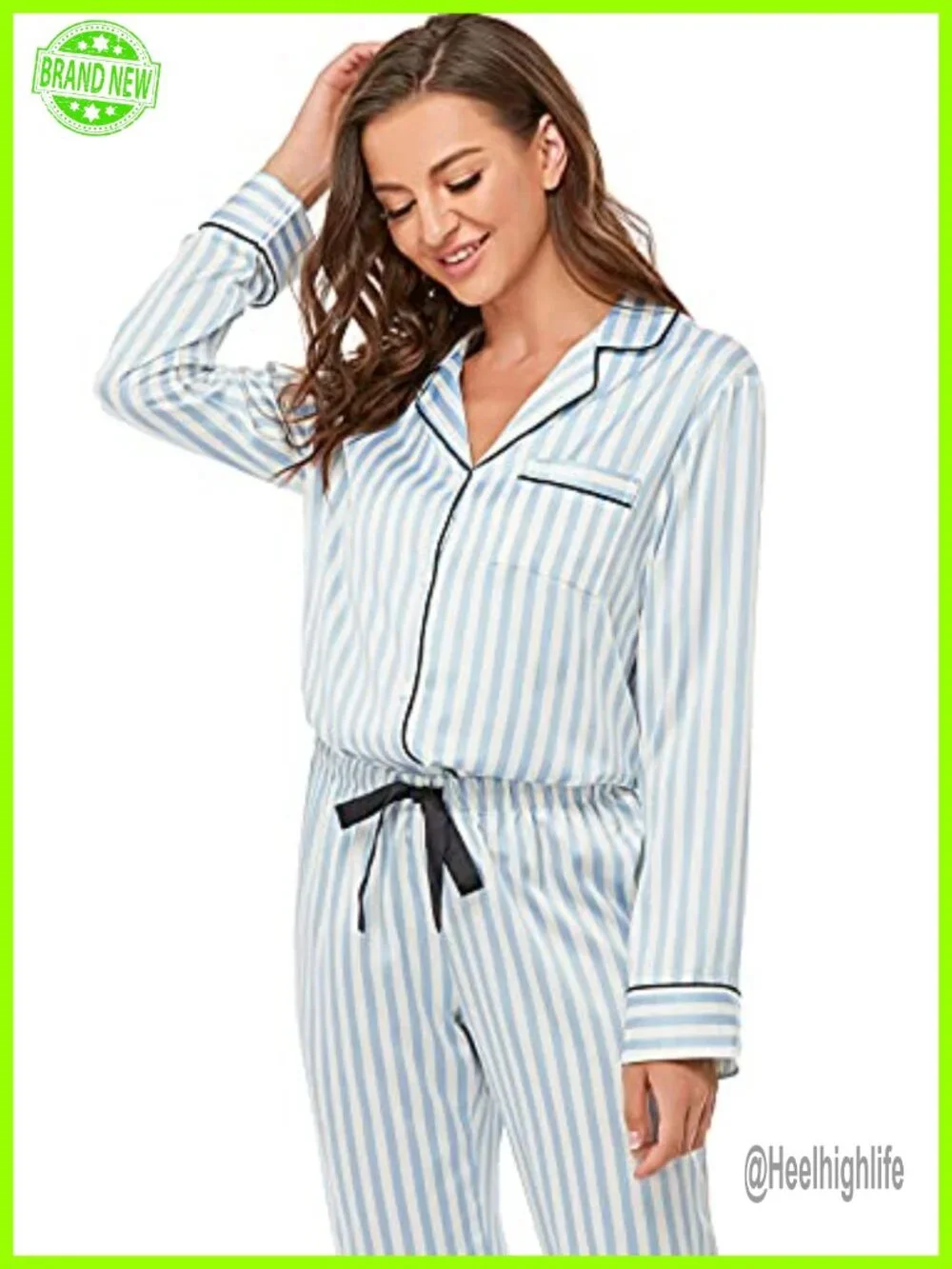 Satin Pajama Set Long Sleeve Button Down Sleepwear 2-Piece Silky Pj Set